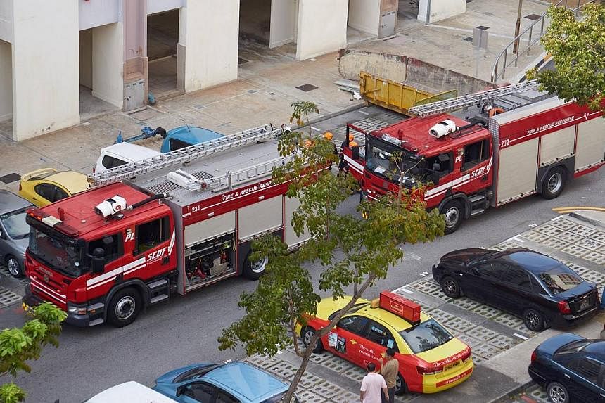 Singapore Civil Defence Force (SCDF) fire engines parked below Block 206 of Tampines Street 21 on Feb 16, 2015. --&nbsp;PHOTO: MELVIN VIVAS