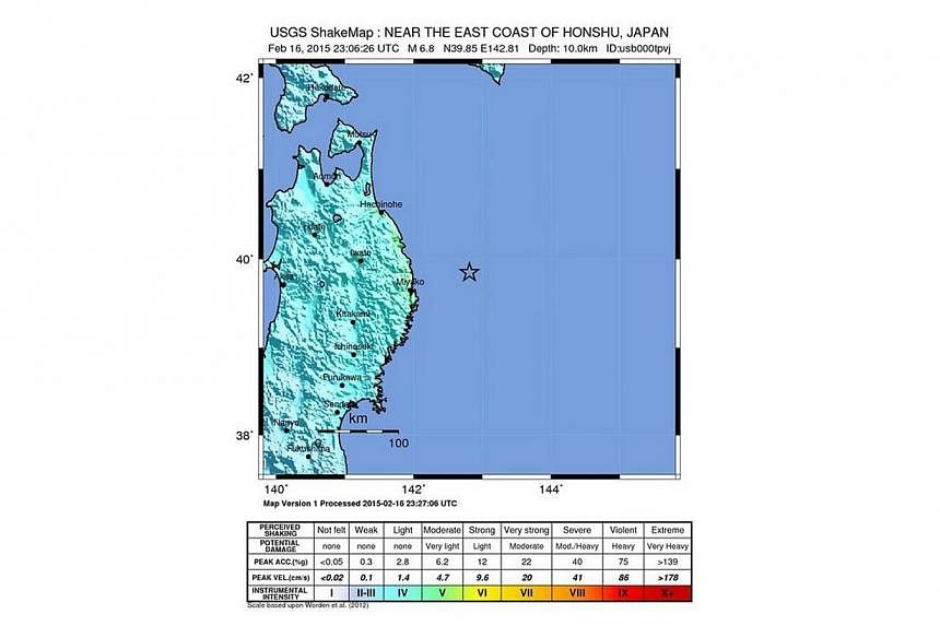 A handout image made avaiable by the U.S. Geological Survey (USGS) of a shake map showing the location of a magnitude 6.8 earthquake that struck 77km East North East of Miyako, Japan, on Feb 16, 2015. -- PHOTO: EPA&nbsp;