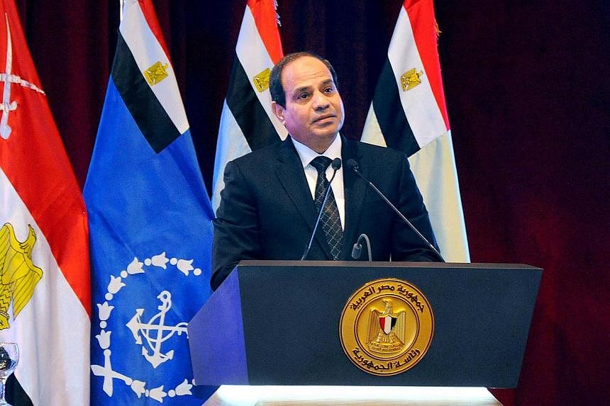 A handout picture released on Feb 1, 2015, by Egypt's Middle East News Agency (MENA) shows Egyptian President Abdel Fattah al-Sisi delivering a speech during a meeting with security forces commanders, representatives of political parties and other pu