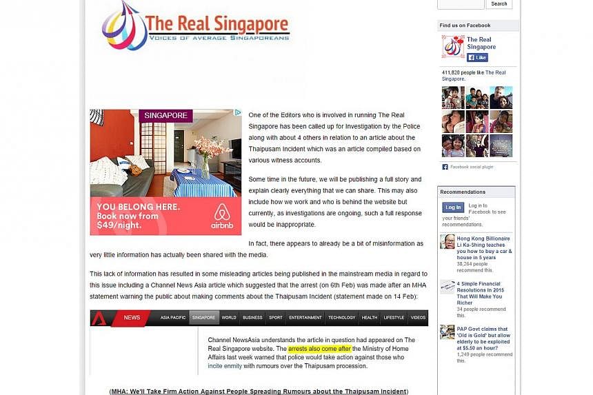 The Real Singapore website is believed to be run by a Singaporean and two foreigners based in Australia. All three are students at the University of Queensland in Brisbane. -- PHOTO: SCREENGRAB FROM THEREALSINGAPORE.COM