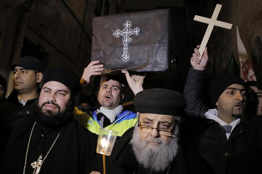 Coptic Christian priests in Jerusalem at a symbolic funeral this week for the Egyptian Christians beheaded by ISIS. Like many ISIS atrocities, the mass beheadings were designed to be indiscriminate enough to radicalise Muslims and make its caliphate 