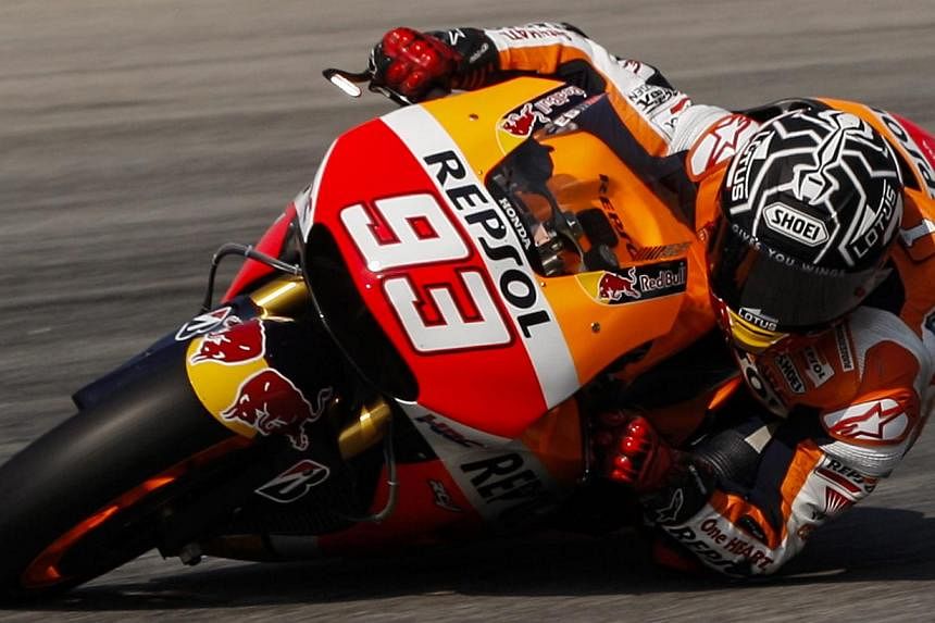 Spanish MotoGP rider Marc Marquez of Repsol Honda team in action at the Sepang International Circuit outside Kuala Lumpur, Malaysia on Feb 25, 2015.&nbsp;Marquez was the fastest rider for the second successive day at Malaysia's Sepang circuit on Wedn