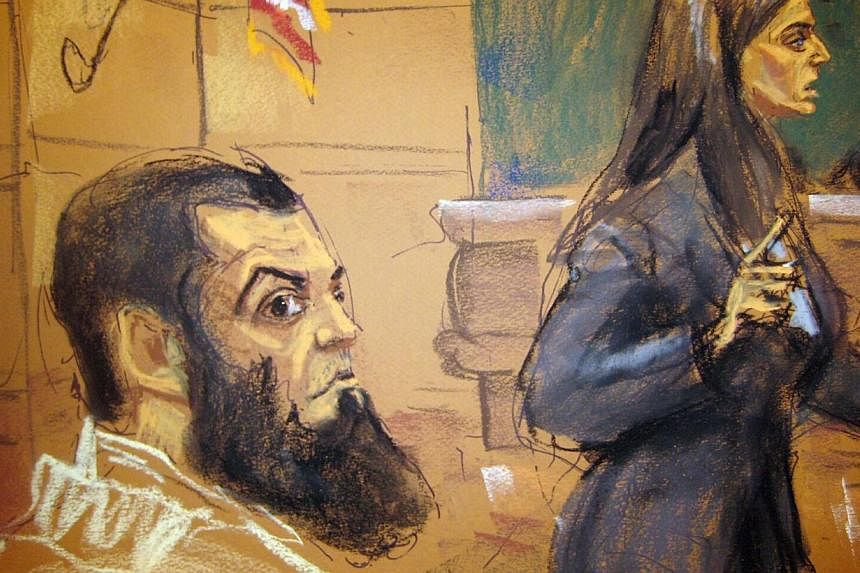 Assistant US Attorney Celia Cohen (right) makes opening statements in the trial of Pakistani citizen Abid Naseer (left), 28, as seen in a courtroom sketch in Brooklyn, New York Feb 17, 2015.&nbsp;Spies working for Britain's MI5 intelligence agency do