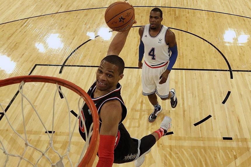 Russell Westbrook of the Oklahoma City Thunder goes to the basket during the NBA All Star game at Madison Square Garden in New York, US on Feb 15, 2015. -- PHOTO: EPA