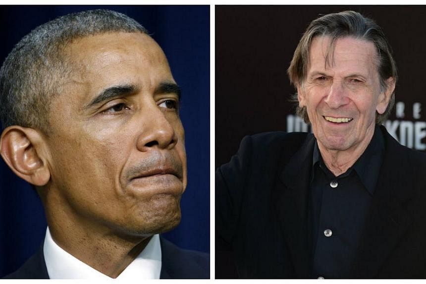 US President Barack Obama (left) on Friday paid tribute to late Star Trek actor Leonard Nimoy (right), lauding his portrayal of the logical Mr Spock as well as his contributions to the arts and sciences. -- PHOTOS: REUTERS, EPA