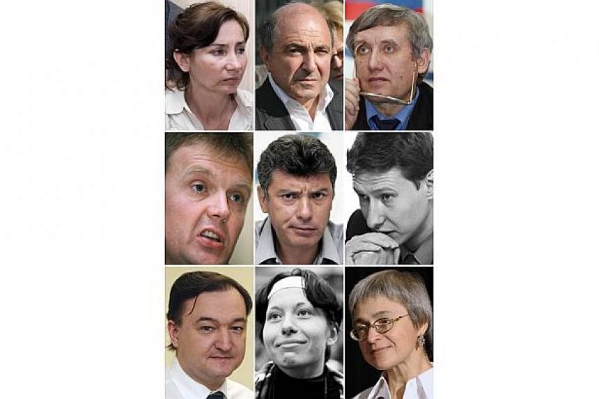 A combination picture made on Feb 28, 2015 shows (top to bottom, from left to right) Russian Human Rights activist&nbsp;Natalia Estemirova, Russian businessman Boris Berezovsky, leader of the Liberal Russia party Sergei Yushenkov, former Russian inte