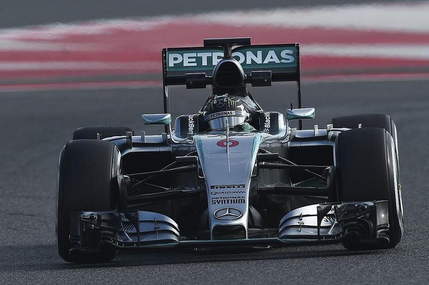 Mercedes' Nico Rosberg of Germany drives during the second day of the third and last segment of Formula One pre-season tests in Barcelona on Feb 27, 2015. -- PHOTO: AFP