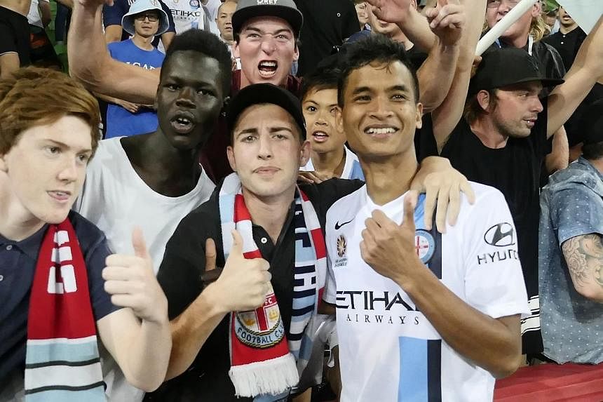 Safuwan celebrating his first goal for Melbourne City with the club's fans. -- PHOTO: MELBOURNE CITY FC