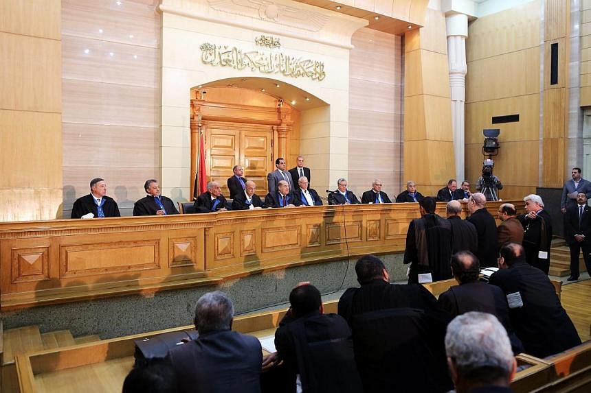 Egyptian judges of the Supreme Constitutional Court are seen during a session to look into election laws, in Cairo on Feb 25, 2015.&nbsp;Egypt's Supreme Constitutional Court ruled on Sunday, March 1, that an article in a law defining voting districts