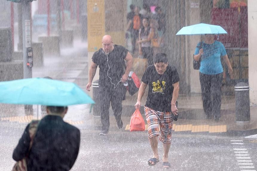 Pedestrians crossing the road at a pedestrian crossing at Upper Cross Street during a heavy downpour on Jan 6, 2015.&nbsp;Moderate to heavy thundery showers are expected over southern and western Singapore on Monday, announced NEA. -- ST PHOTO:&nbsp;