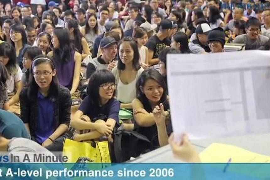 In today's News In A Minute, we look at how 91.4 per cent of over 14,000 students scored at least three H2 passes, with a pass in General Paper or Knowledge and Inquiry, in their A-level exams. -- PHOTO: SCREENGRAB FROM RAZORTV