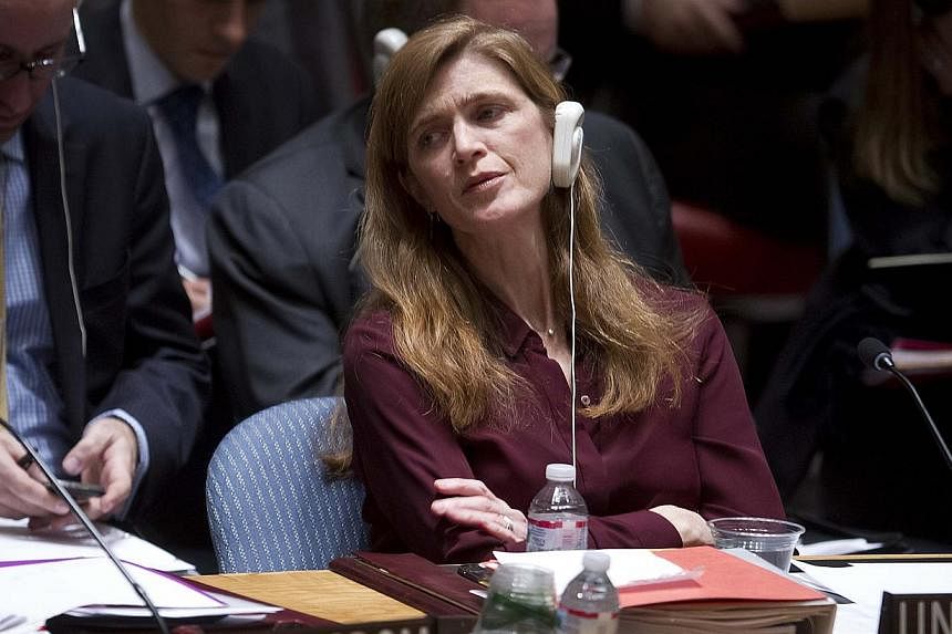 United States Ambassador to the United Nations Samantha Power listens during a meeting of the Security Council at the United Nations on Feb 17. -- PHOTO: REUTERS