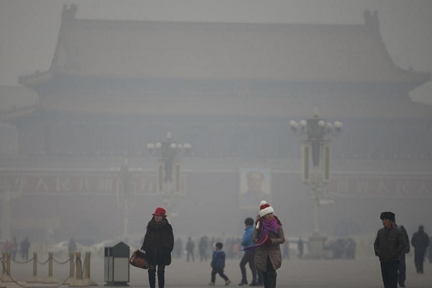 Visitors take a walk during a polluted day at Tiananmen Square in Beijing on Jan 15, 2015. One year after "declaring war" on pollution, China has appointed an inexperienced outsider - environmental scientist, Mr Chen Jining - as its new Minister of E