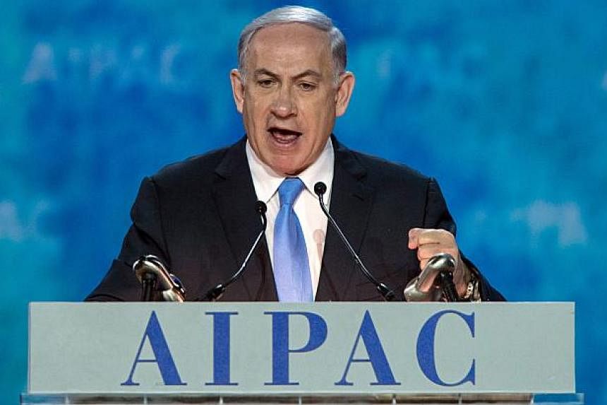 Israeli Prime Minister Benjamin Netanyahu addressing the American Israel Public Affairs Committee policy conference in Washington, DC, on March 2, 2015. -- PHOTO: AFP&nbsp;