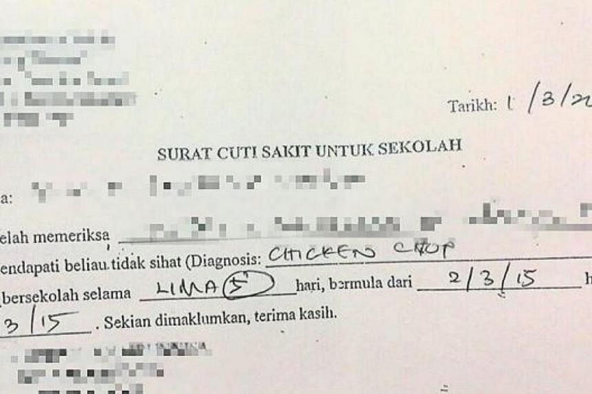 A clinic in Malaysia has diagnosed a student as suffering from "chicken chop" in a blunder that has caused much amusement and embarassment. -- PHOTO:&nbsp;THE STAR/ASIA NEWS NETWORK