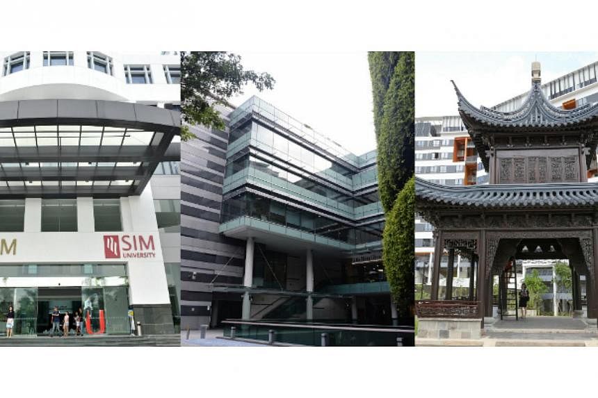 Campuses of (from left) SIM University, Singapore Management University and Singapore University of Technology and Design. Singapore's six public universities are striving to be different in order to attract the best students. -- PHOTOS: ST FILE