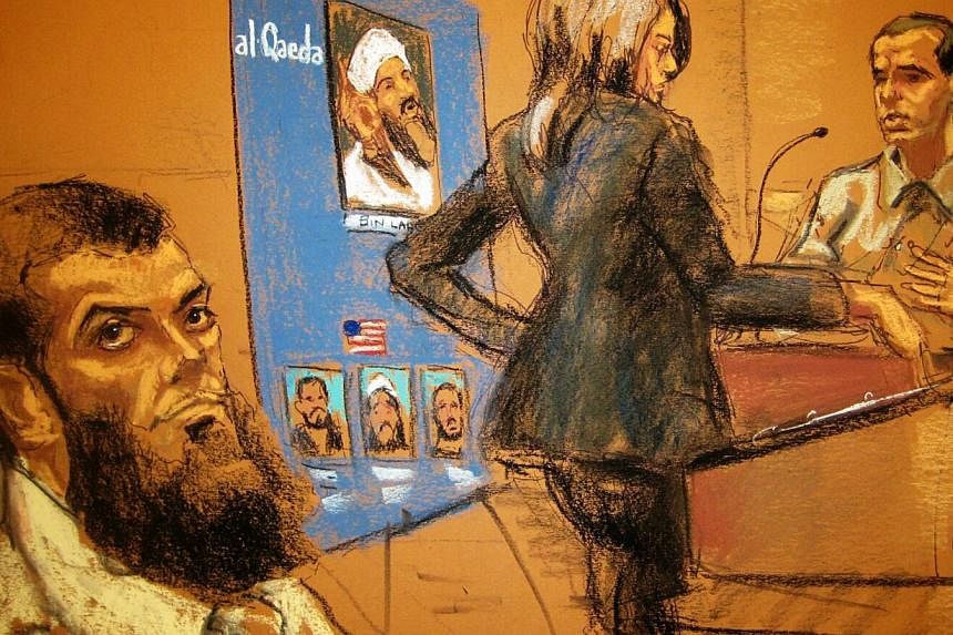 Abid Naseer (left), 28, listens as Assistant US Attorney Zainab Ahmad questions a witness during his trial, in this courtroom sketch. Naseer is on trial on U.S. charges that he took part in an al Qaeda plot to carry out bombing attacks in the United 