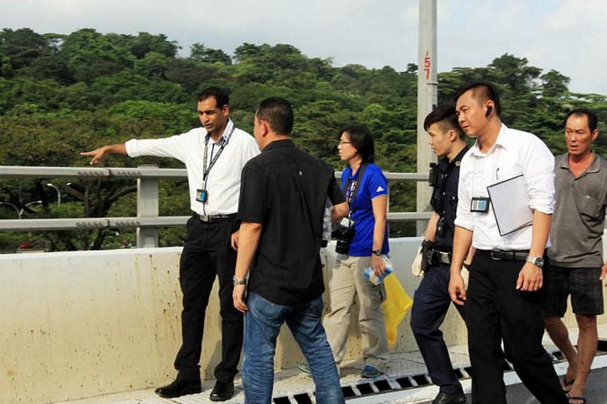Police investigators on the West Coast Highway. A Vietnamese woman fell from the expressway on Tuesday afternoon.&nbsp;-- PHOTO:&nbsp;LIANHE WANBAO&nbsp;