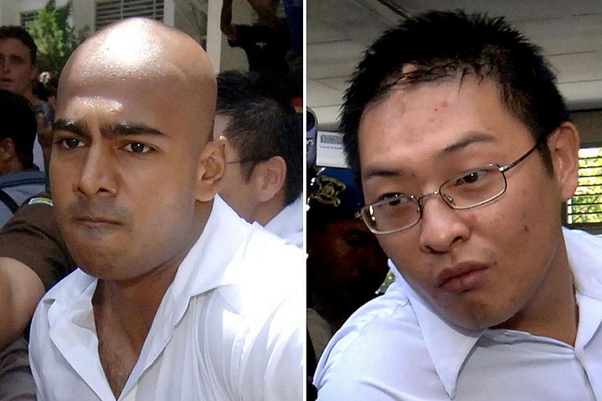 This combo shows file photos of Australian's Myuran Sukumaran (left) and Andrew Chan (right), the two ringleaders of the Bali Nine drug syndicate, being escorted out of a court after their verdict in Denpasar on Bali island on Feb 14, 2006. -- PHOTO: