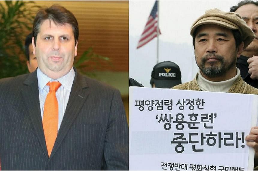US Ambassador to South Korea Mark Lippert (left) and Kim Gi Jong (right). Kim slashed Mr Lippert on Thursday morning. -- PHOTO: EPA