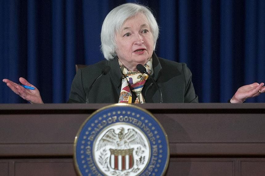 US Federal Reserve chair Janet Yellen speaking during a news conference following a Federal Open Market Committee meeting in Washington, DC on March 18, 2015. -- PHOTO: BLOOMBERG&nbsp;