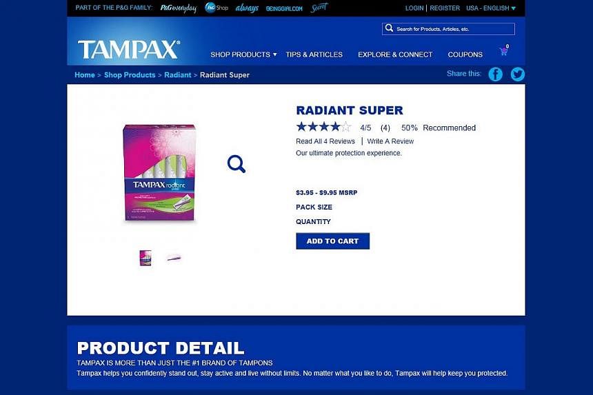 Tampax's Radiant Super line of tampons. Major supermarkets and pharmacies in Singapore have run out of the brand's products due to a delay in shipment from the US. -- PHOTO: TAMPAX WEBSITE