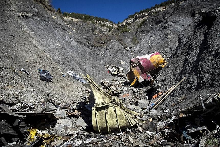 A part of the crash site of the Germanwings Airbus A320 near Le Vernet, French Alps. -- PHOTO: AFP/YVES MALENFER/DICOM/MINISTERE DE L'INTERIEUR&nbsp;
