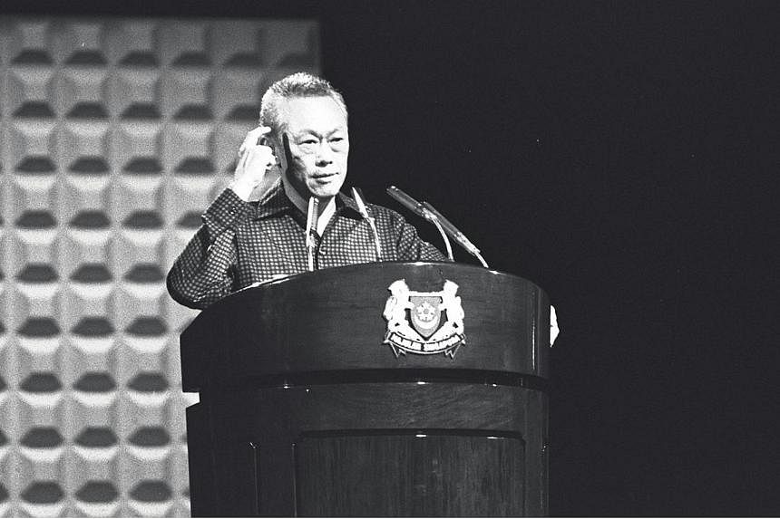 Prime Minister Lee Kuan Yew speaking at the 1982 National Day Rally at the National Theatre. -- PHOTO: ST FILE