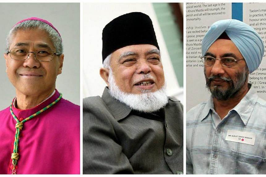 (From left) Archbishop William Goh, former mufti Shaikh Syed Isa Mohamed Semait and Sikh Advisory Board chairman Surjit Singh have been appointed as new members of the Presidential Council for Minority Rights. -- PHOTOS: ST FILE, BERITA HARIAN&nbsp;
