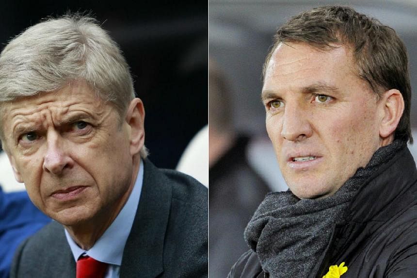 Arsenal manager Arsene Wenger (left) and Liverpool boss Brendan Rodgers will come face to face when their sides meet on Saturday. &nbsp;-- PHOTOS: REUTERS