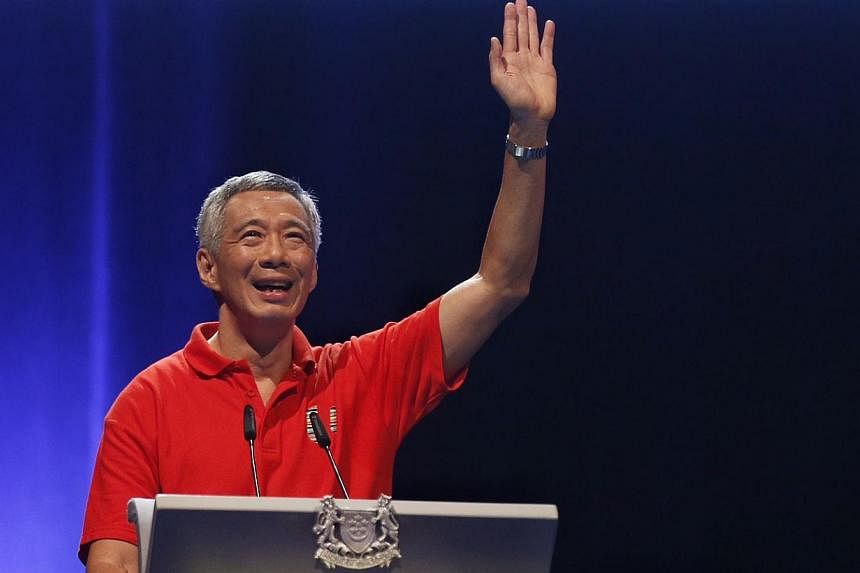 Prime Minister Lee Hsien Loong addressing some 4,000 union leaders, key representatives from the Labour Movement and tripartite partners at the National Trades Union Congress (NTUC) May Day Rally on May 1, 2015.&nbsp;-- PHOTO: KEVIN LIM