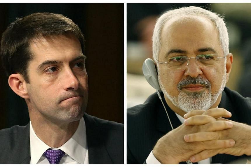 US Senator Tom Cotton (left) and Iranian Foreign Minister Javad Zarif (right) squared off on Twitter amid&nbsp;heated debate over Iran policy in the US Senate. -- PHOTOS: AFP, REUTERS