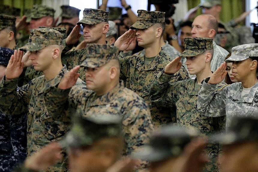 United States military troops join counterparts from the Philippines for opening rites of the Philippines-US Exercise Balikatan in Quezon City, east of Manila, in the Philippines, on April 20, 2015.&nbsp;Sexual assault in the US military declined ove