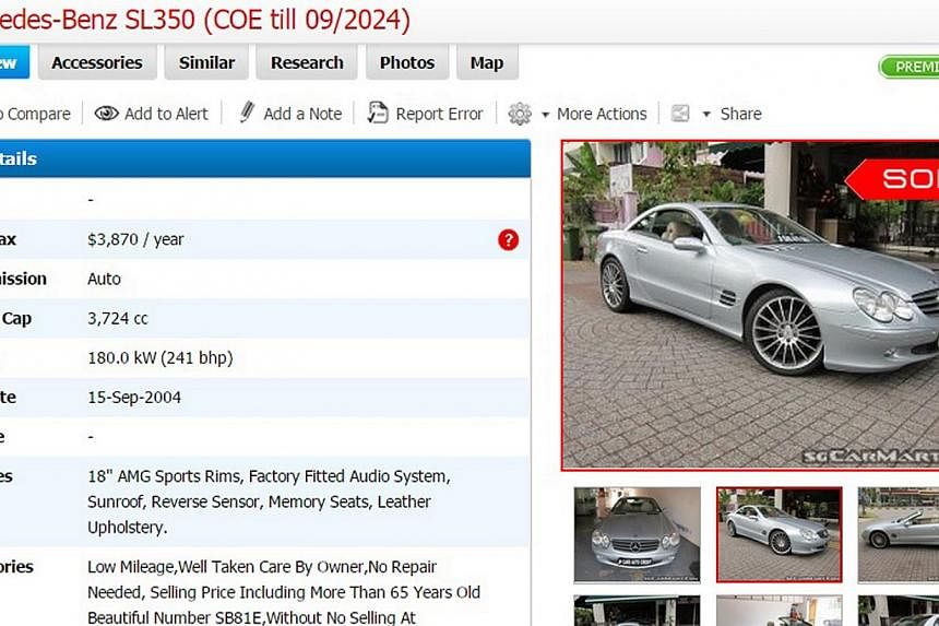 A screenshot of an ad for a Mercedes Benz SL350 that is currently under legal dispute between the Tan family and used-car dealer David Peh of Fivespeed Motor Trading. Mr Peh said the Tans sold the car to him and is suing the Tans for money owing to h