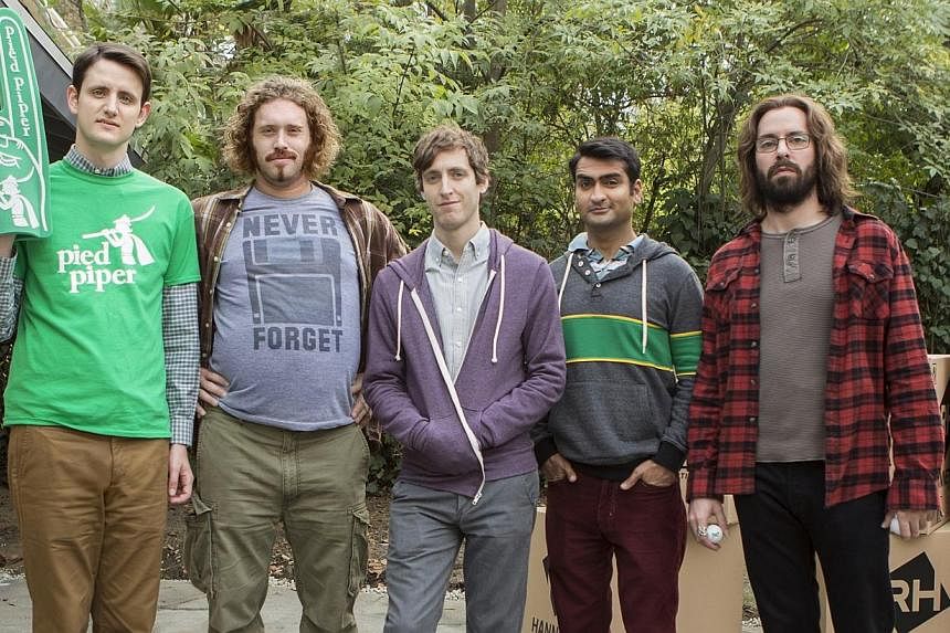 Thomas Middleditch (centre) with (from left) Zach Woods, T.J. Miller, Kumail Nanjiani and Martin Starr in Silicon Valley. -- PHOTO: HBO ASIA