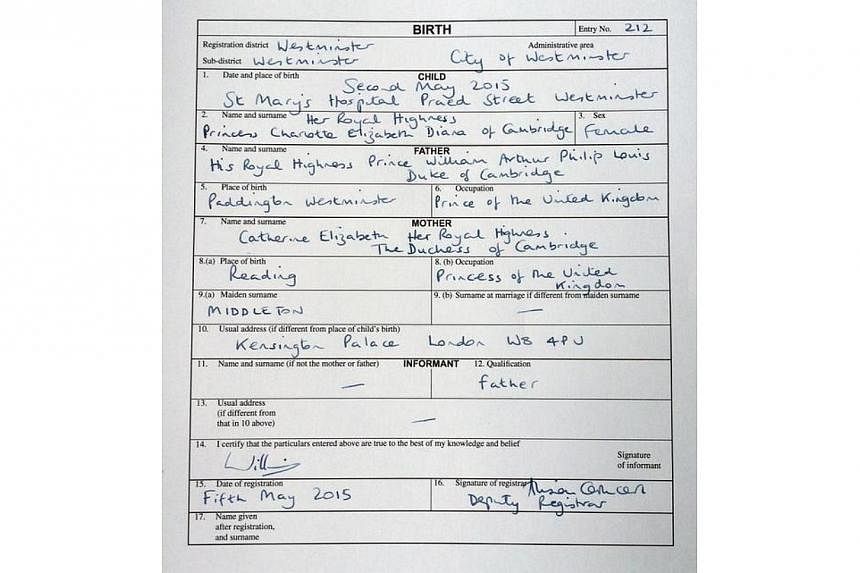 Birth certificate of Princess Charlotte Elizabeth Diana. -- PHOTO: KENSINGTON ROYAL / TWITTER &nbsp;