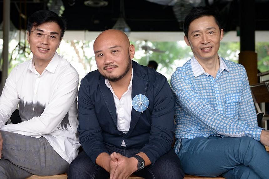 (From left) Composer Jimmy Ye, director Goh Boon Teck and lyricist-playwright Liang Wern Fook are reunited in the restaging of December Rains. -- ST PHOTO: DANIEL NEO