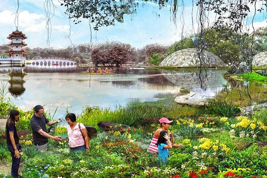 Artist's impression of the new Jurong Lake Gardens. Developments in Jurong include the the Singapore-Kuala Lumpur high-speed rail terminus, the Jurong Lake Gardens, a new science centre, and other commercial and residential developments. -- PHOTO: NP