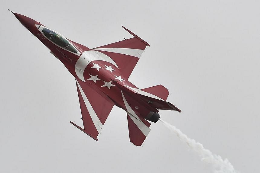 An F-16C from the Republic of Singapore Air Force's Black Knights performing at the Australian International Airshow at the Avalon Airfield in the city of Lara, southwest of Melbourne, on Feb 24, 2015. The Black Knights will be performing a special "