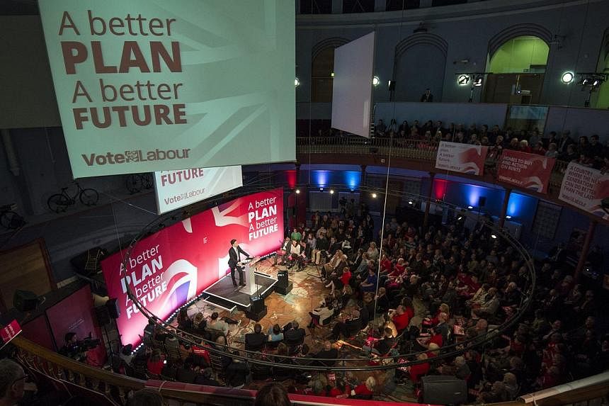 British leader of the Labour Party, Ed Miliband delivering a speech to supporters at the Leeds City Museum, in Leeds, Britain, on May 6, 2015. -- PHOTO: EPA