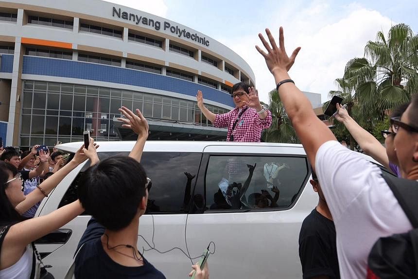 Action superstar Jackie Chan is Singapore's new anti-drug ambassador and hopes to influence youth to say no to drugs. The 61-year-old was at the launch of a new anti-drug mobile game application at Nanyang Polytechnic on Thursday. -- ST PHOTO: ONG WE