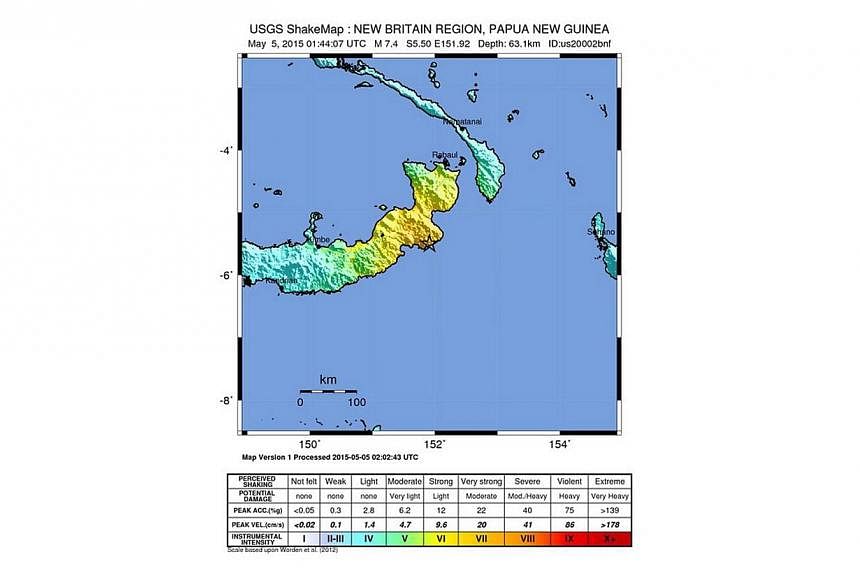 A shake map released by the US Geological Survey shows the location of a 7.4 magnitude earthquake 133km South-southwest of Kokopo, Papua New Guinea on May 5, 2015. -- PHOTO: EPA&nbsp;