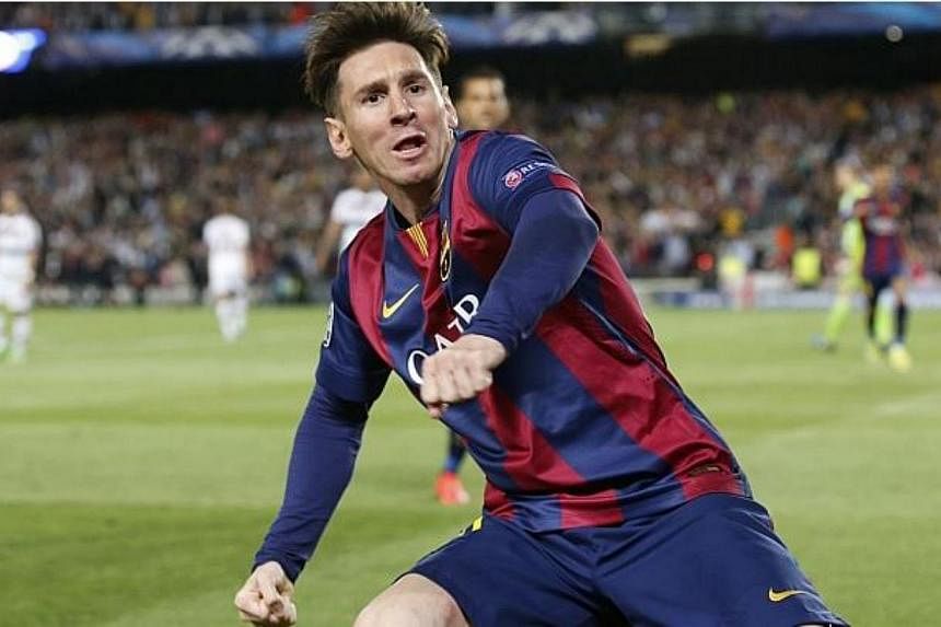 Barcelona's Lionel Messi celebrating after scoring his first of two goals against Bayern Munich. -- PHOTO: REUTERS