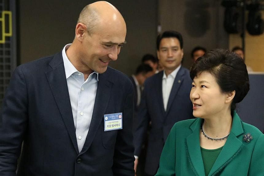 South Korean President Park Geun Hye (right) chatting with Mr Karim Temsamani, head of Google's Asia-Pacific region operations, during the opening ceremony of the campus for start-ups and entrepreneurs in Seoul, South Korea, on May 8, 2015. -- PHOTO: