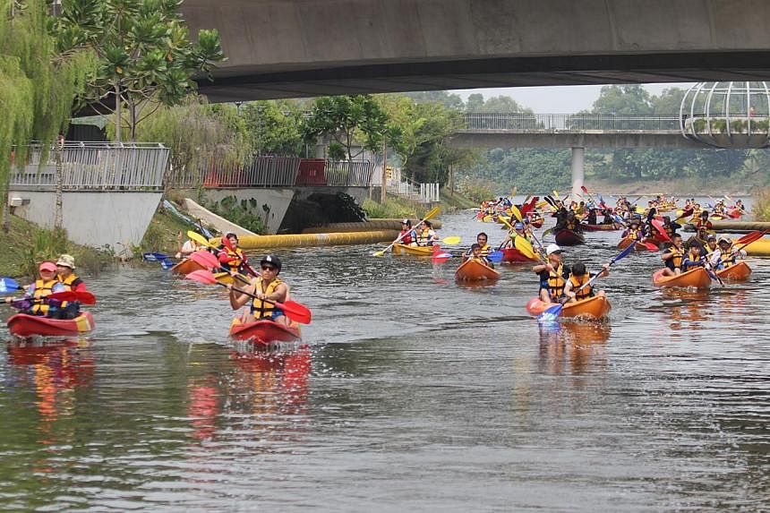 Participants of the PA Water-Venture Reservoir Discovery Series paddling along Punggol Waterway. -- PHOTO: PA WATER-VENTURE