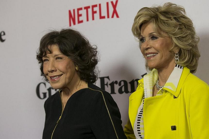Lily Tomlin (left) and Jane Fonda at the premiere for the Netflix original series Grace and Frankie in Los Angeles, California, on April 29, 2015. -- PHOTO: REUTERS