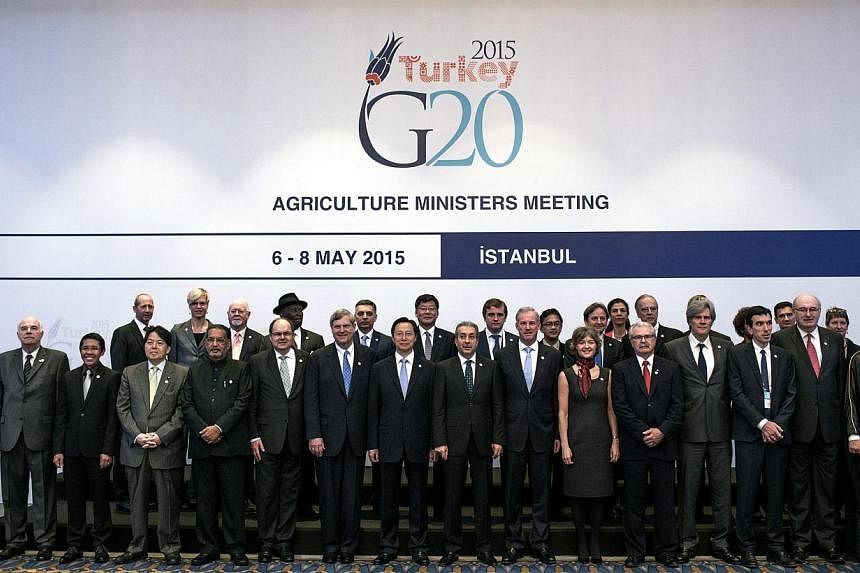 Participants pose for a family photo during the G20 Summit of Agriculture ministers meeting in Istanbul, Turkey, May 8, 2015. -- PHOTO: EPA &nbsp;