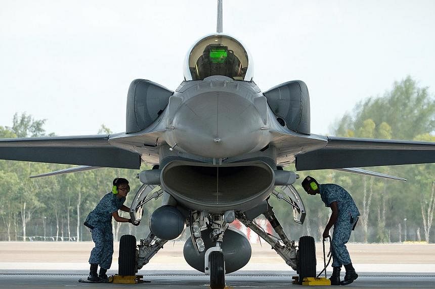 A F-16 fighter jet from SAF's 145 Squadron. The US State Department has approved a $130 million (S$173.3 million) deal for an upgrade of Singapore's F-16 fleet, the US Defence Security Cooperation Agency said in a statement on Thursday. -- PHOTO: ST 