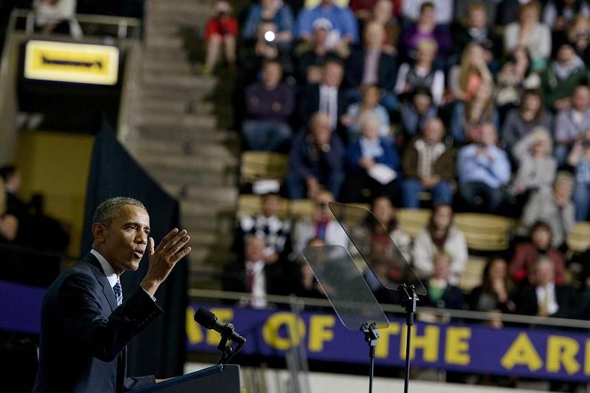 US President Barack Obama speaking during a commencement ceremony at Lake Area Technical Institute in Watertown, South Dakota, on May 8, 2015. -- PHOTO: AFP &nbsp;&nbsp;