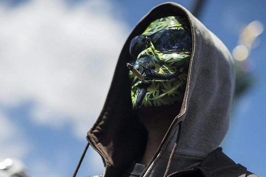 A protestor, wearing an anonymous mask with hemp leaves painted on it, smokes cannabis during a demonstration for the legalisation and re-classification of the substance at Place de la Bastille in Paris, France, on May 9, 2015. -- PHOTO: EPA&nbsp;